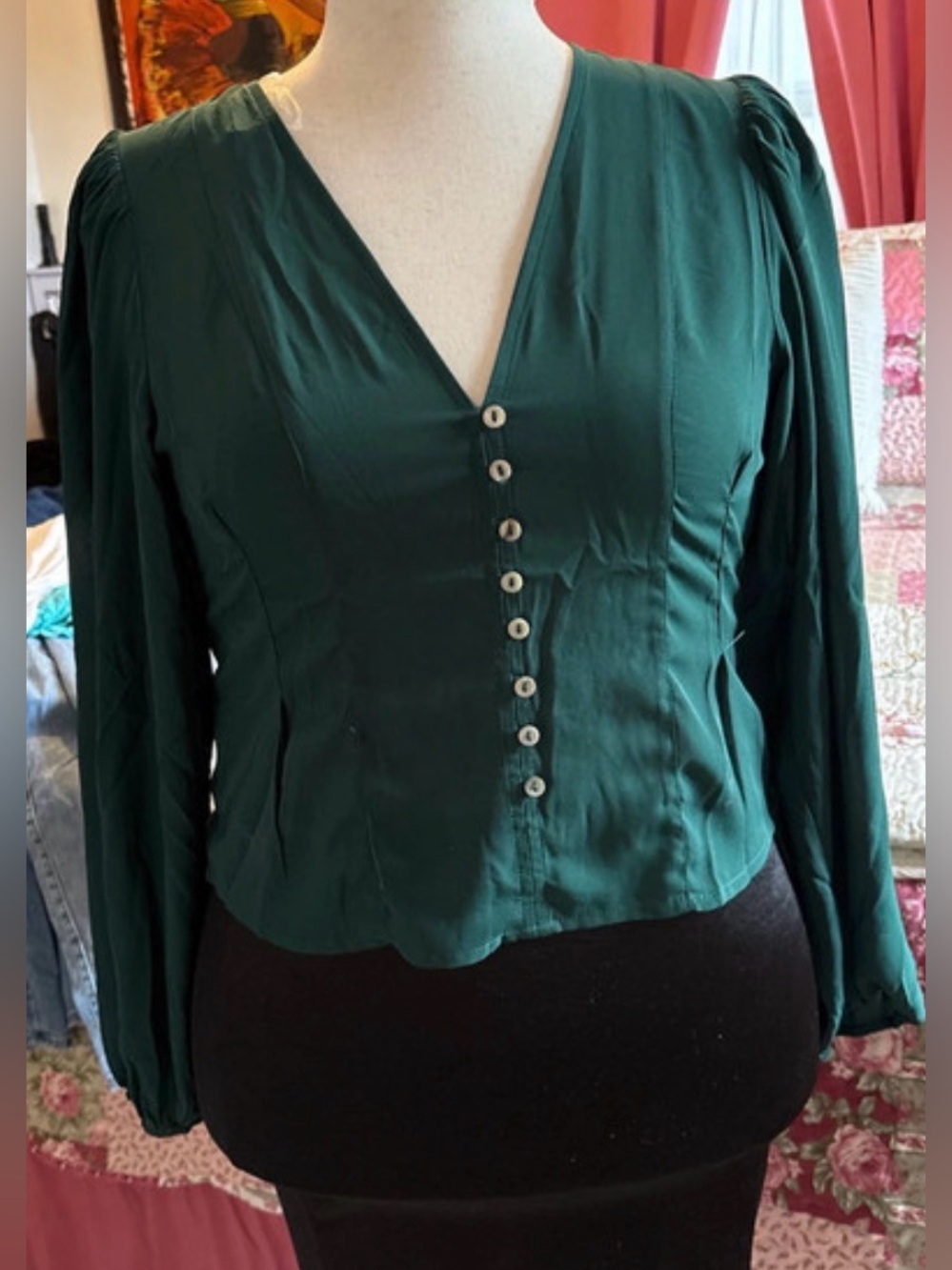 Women's Deep Green V-Neck Button Front Blouse